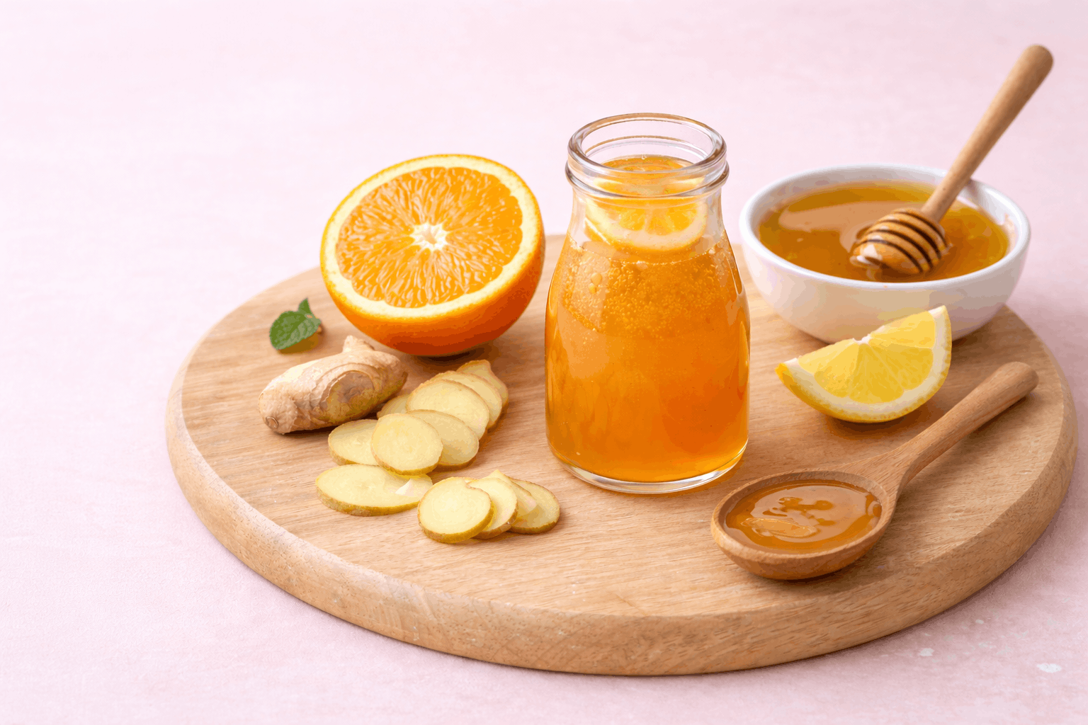 Hustensaft für Kinder selber machen — milder Ingwer-Orangen-Sirup mit dünnen Ingwerscheiben