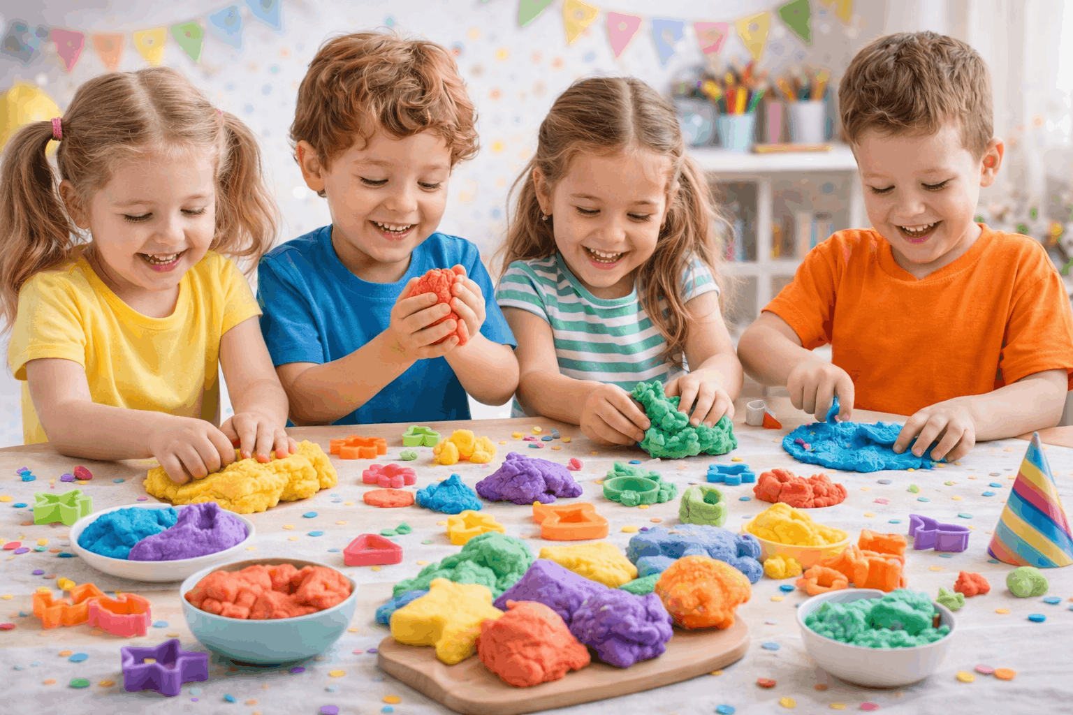 Knete selber machen — bunte selbstgemachte Knete in mehreren Farben auf dem Küchentisch