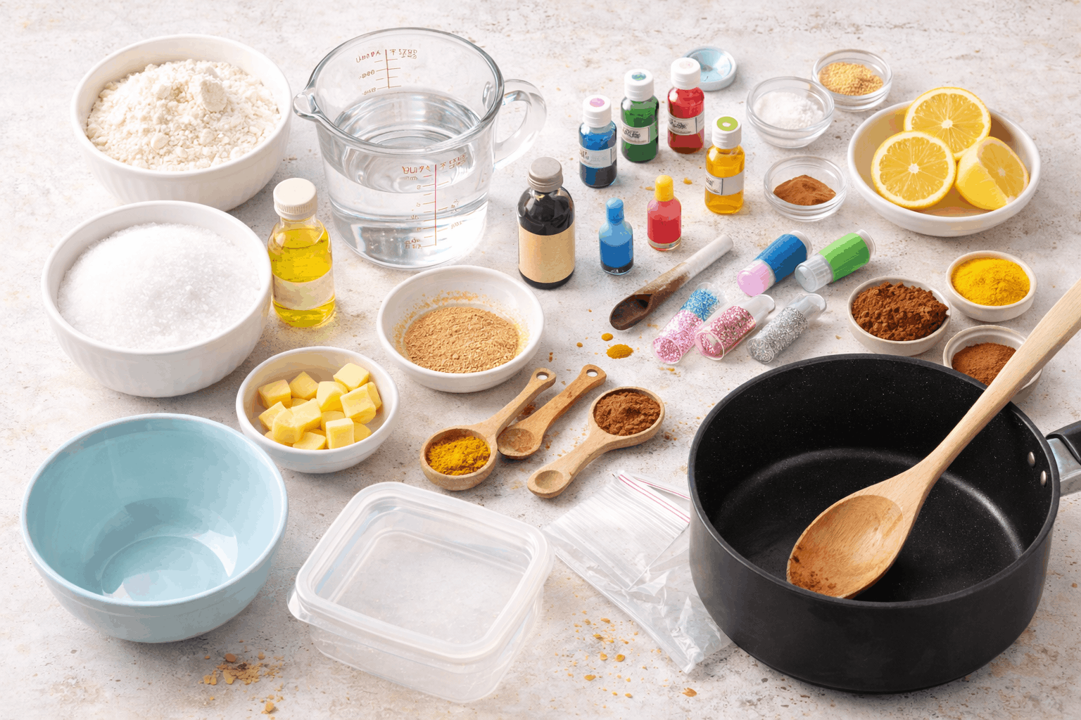 Knete selber machen — Zutaten mit Mehl, Salz, Öl, Zitronensäure und Lebensmittelfarbe