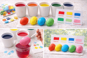 3) Sticker Eier (für kleine Kinder ideal) So geht’s: Eier ganz normal färben oder weiß lassen. Dann Sticker drauf: Sterne, Herzen, Häschen. Tipp: Das ist perfekt, wenn Kinder noch nicht so geduldig sind.