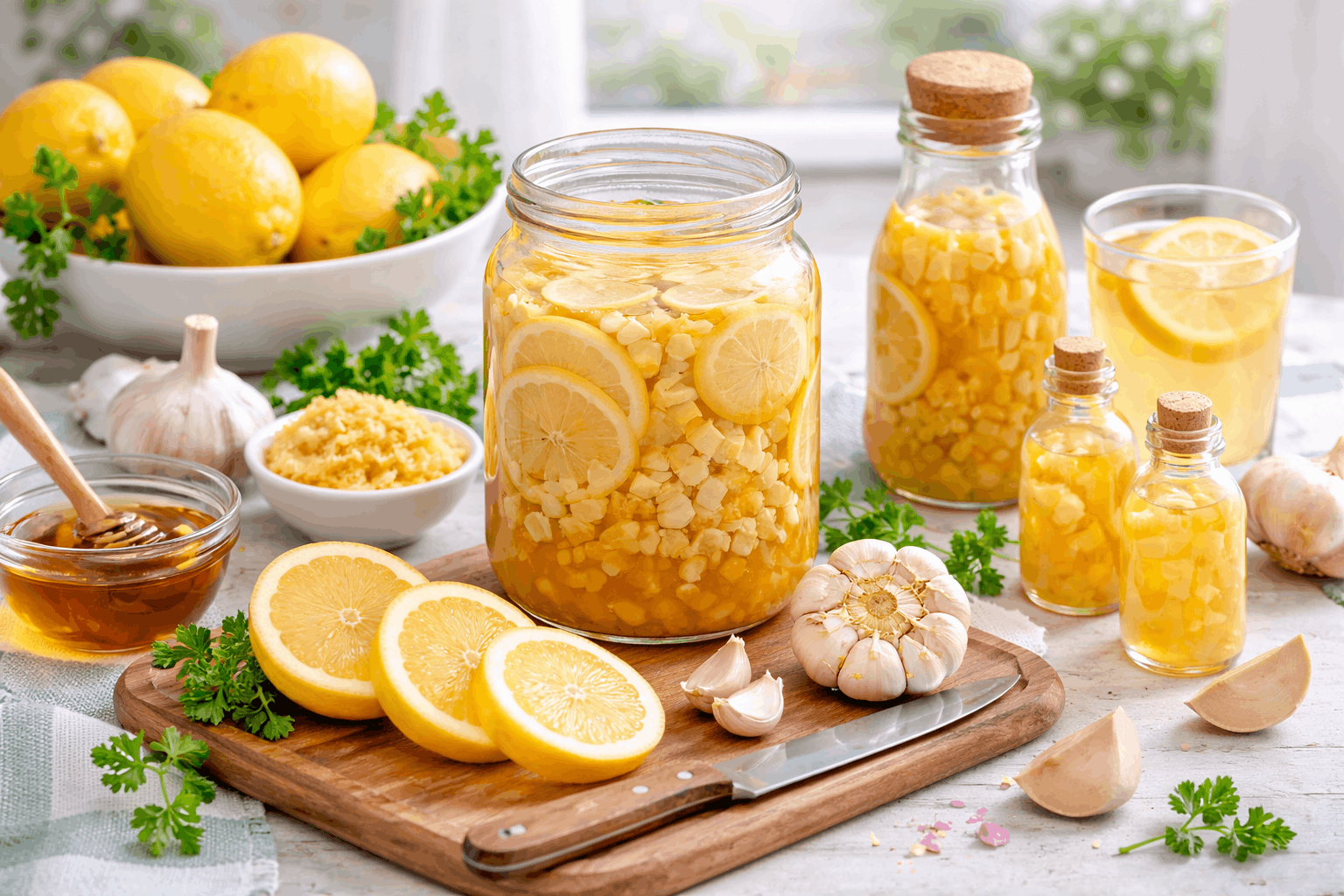 Zitrone Knoblauch Kur — Zitronen, Knoblauchzehen und eine Glasflasche auf dem Küchentisch