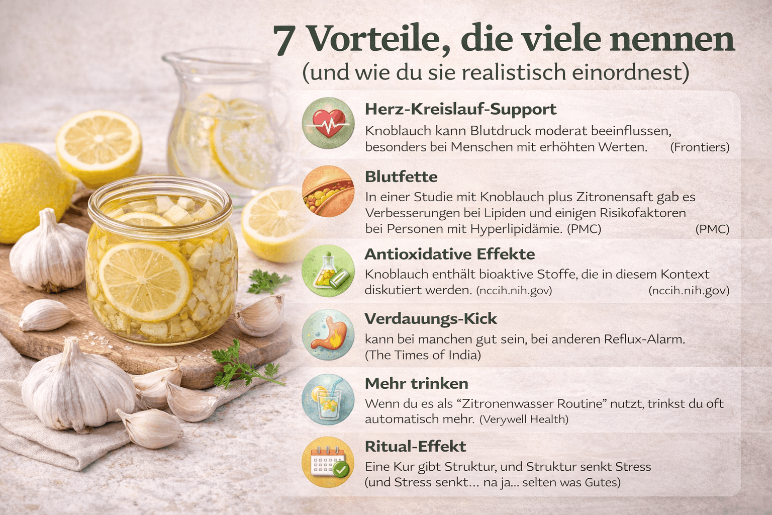 Zitrone Knoblauch Kur — fertig angesetzte Mischung in einer Glasflasche im Kühlschrank